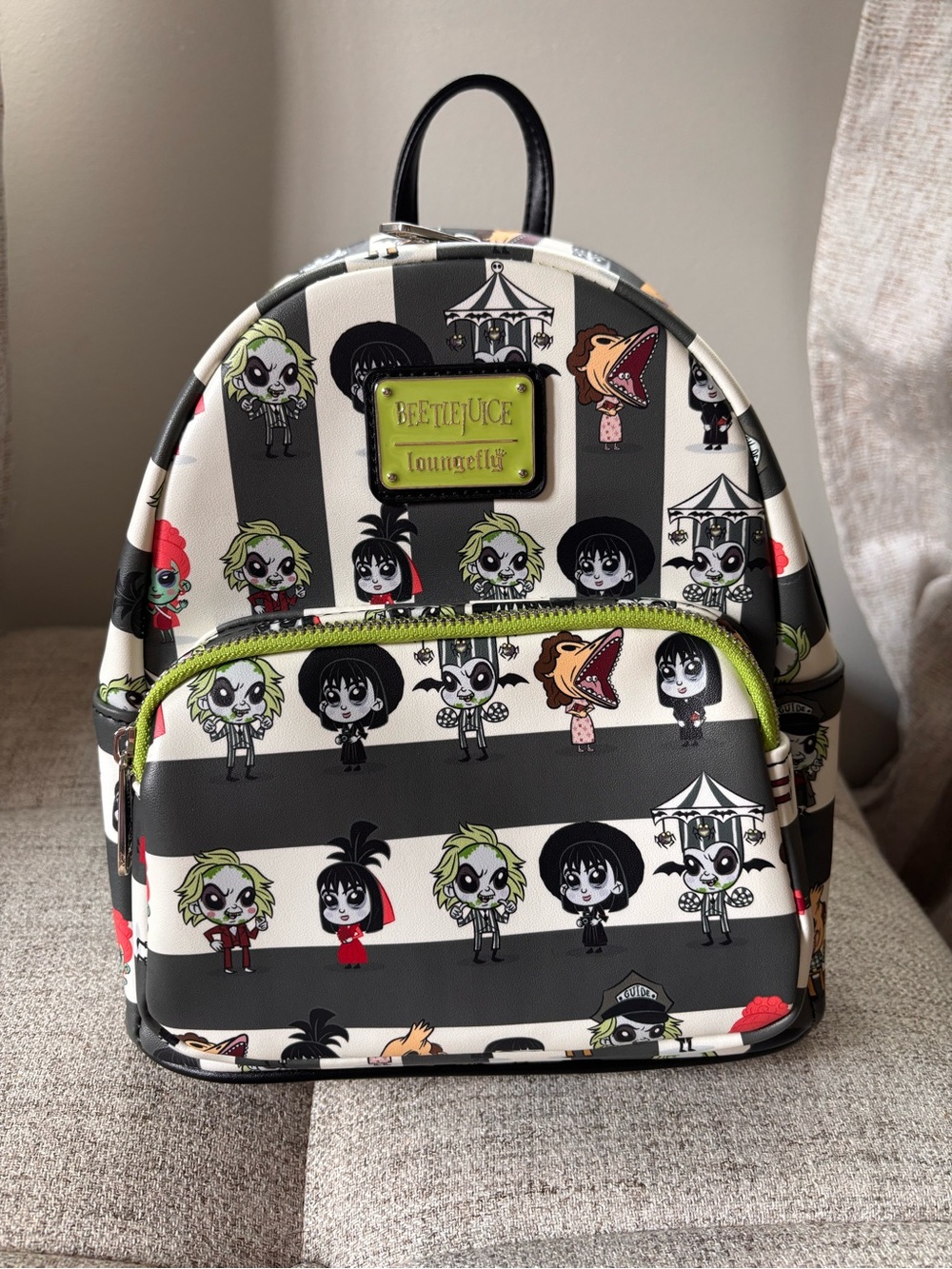 Loungefly Beetlejuice Mini Backpack Black Striped Chibi Character Print NWT READ